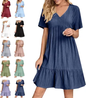2025 Women's Summer Dresses Vacation Short Sleeve v Neck Mini T Shirt Dress Pleated Ruffle Flowy Tiered Beach Sundresses