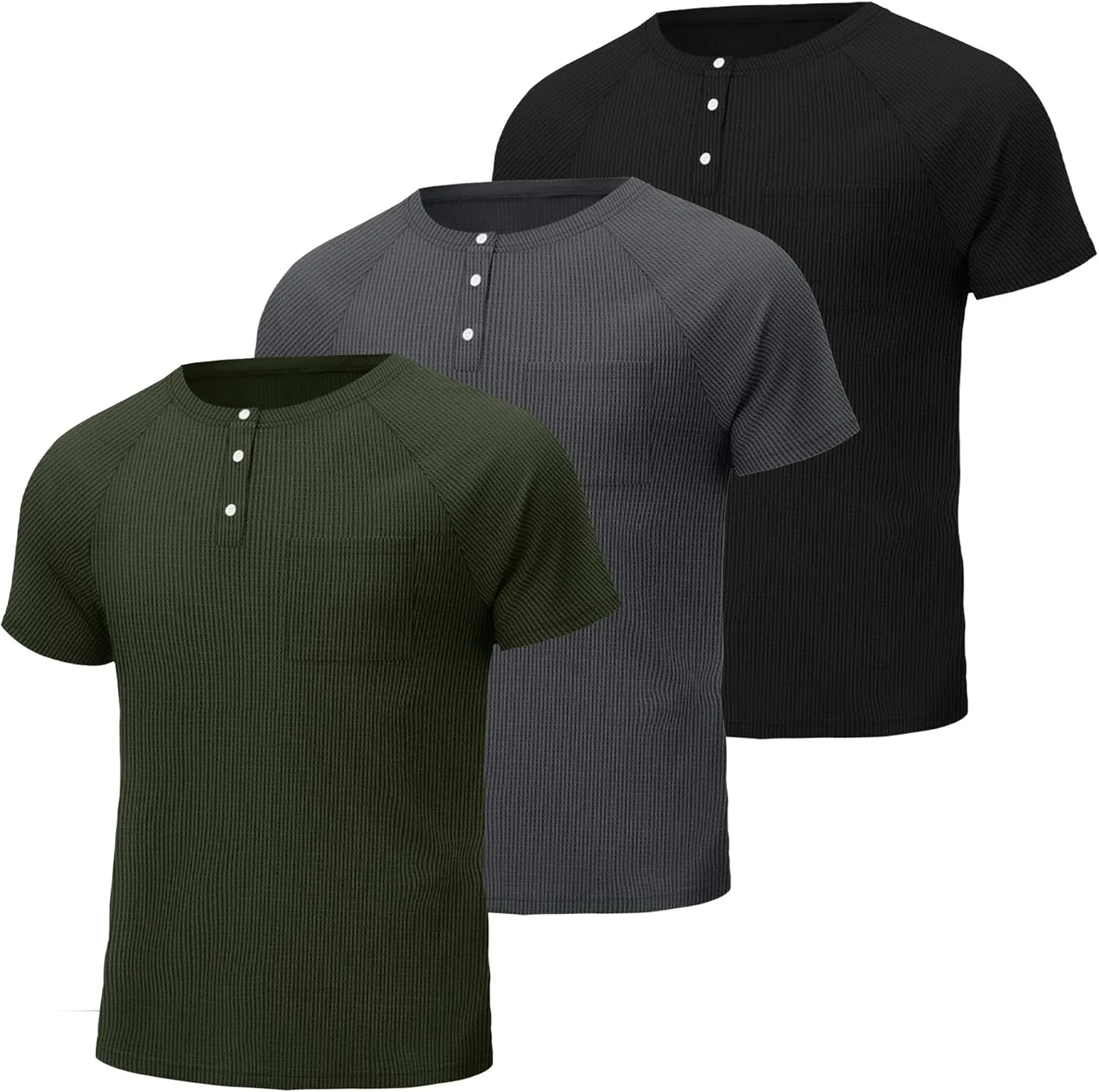 3 Pack Men's Big and Tall Waffle Henley T-Shirts, Raglan Short Sleeve Button Oversized Tops Basic Tees with Pocket