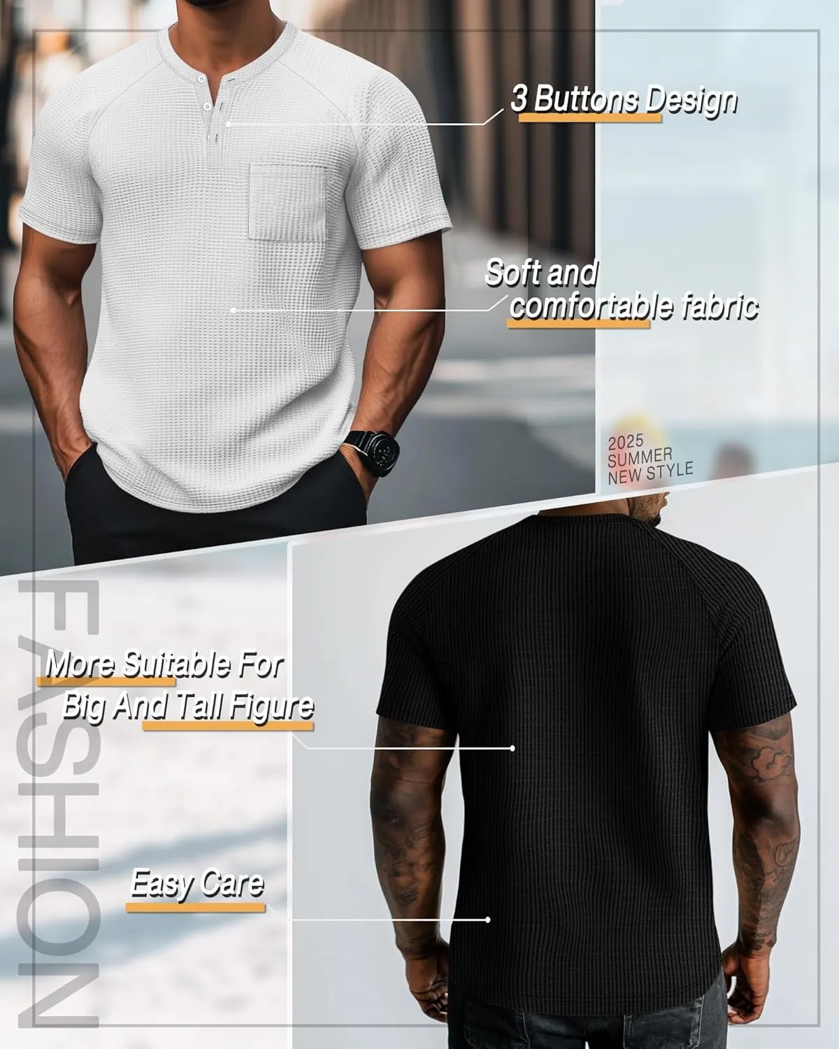 3 Pack Men's Big and Tall Waffle Henley T-Shirts, Raglan Short Sleeve Button Oversized Tops Basic Tees with Pocket