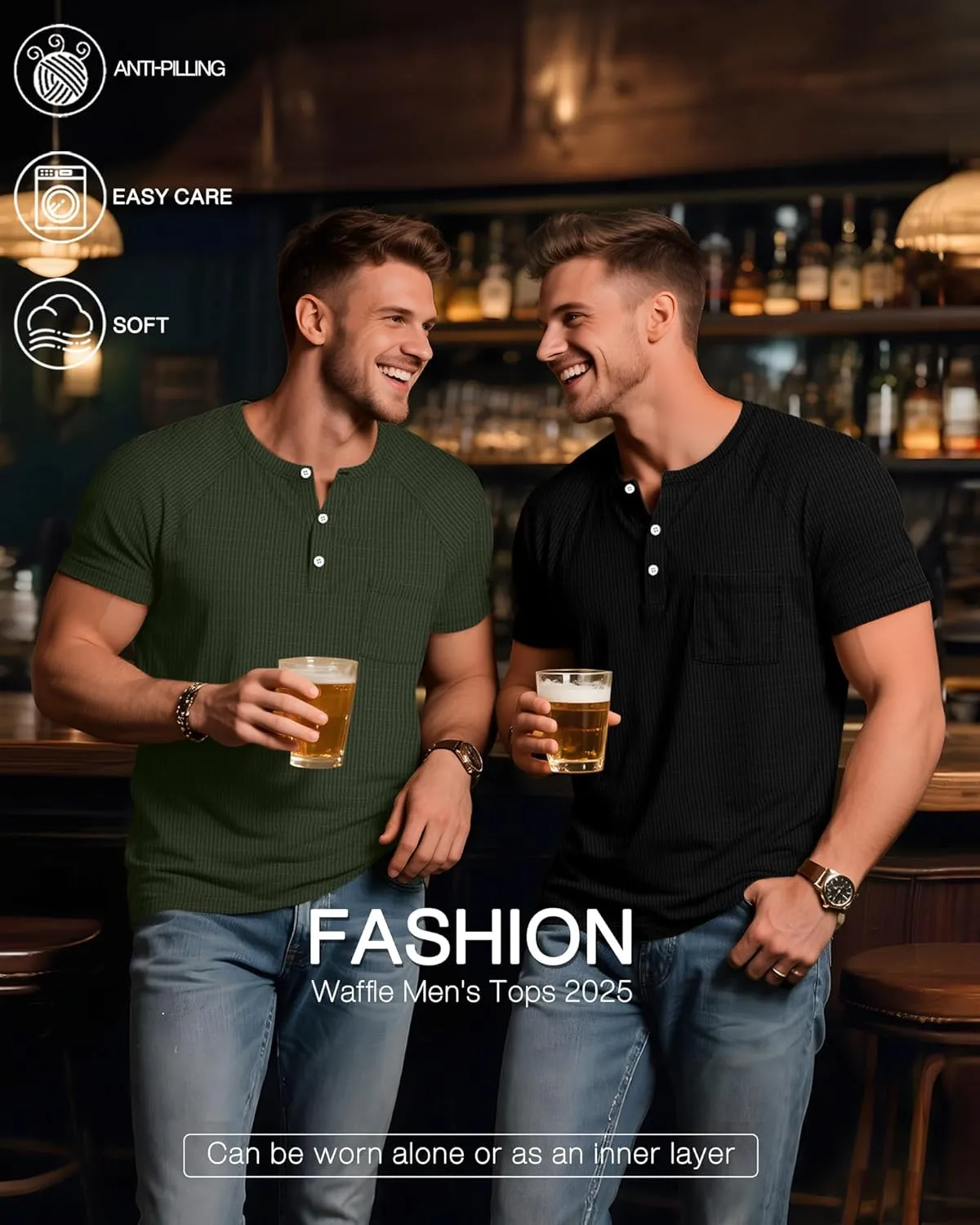 3 Pack Men's Big and Tall Waffle Henley T-Shirts, Raglan Short Sleeve Button Oversized Tops Basic Tees with Pocket
