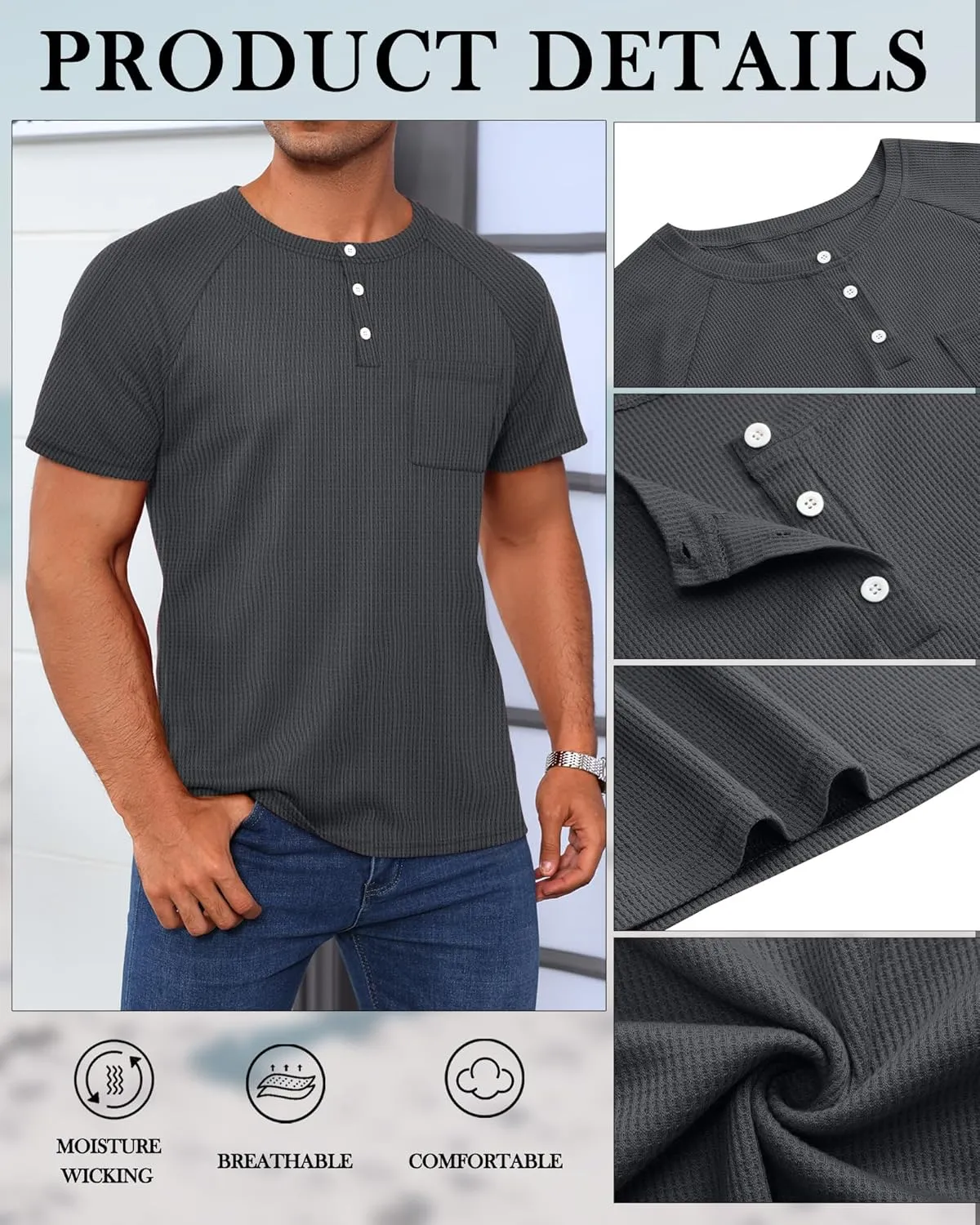 3 Pack Men's Big and Tall Waffle Henley T-Shirts, Raglan Short Sleeve Button Oversized Tops Basic Tees with Pocket