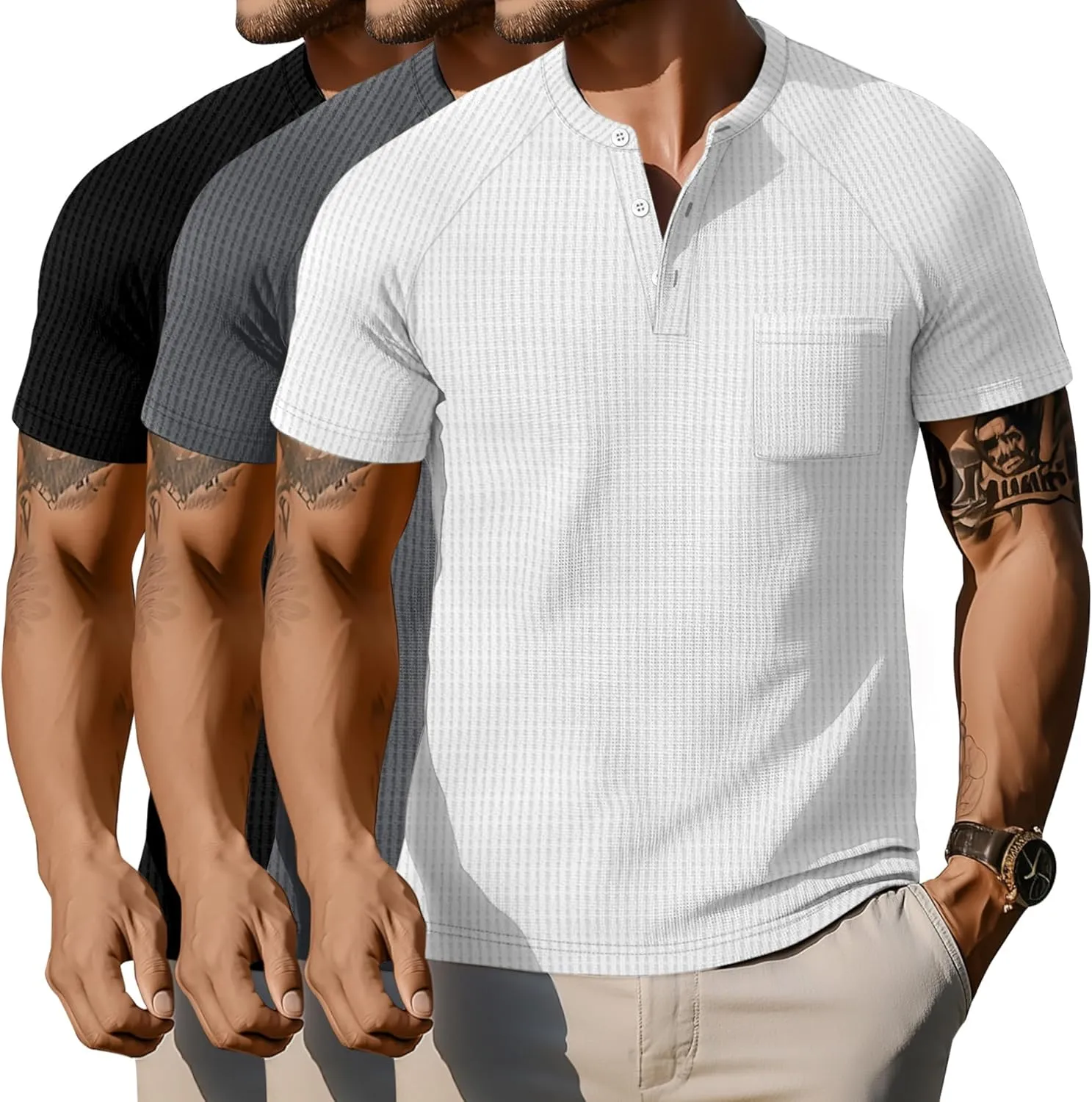 3 Pack Men's Big and Tall Waffle Henley T-Shirts, Raglan Short Sleeve Button Oversized Tops Basic Tees with Pocket