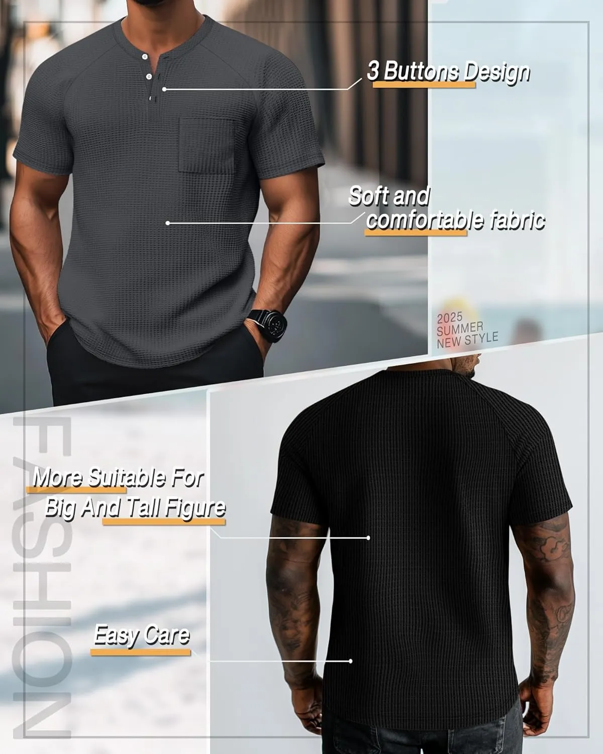 3 Pack Men's Big and Tall Waffle Henley T-Shirts, Raglan Short Sleeve Button Oversized Tops Basic Tees with Pocket