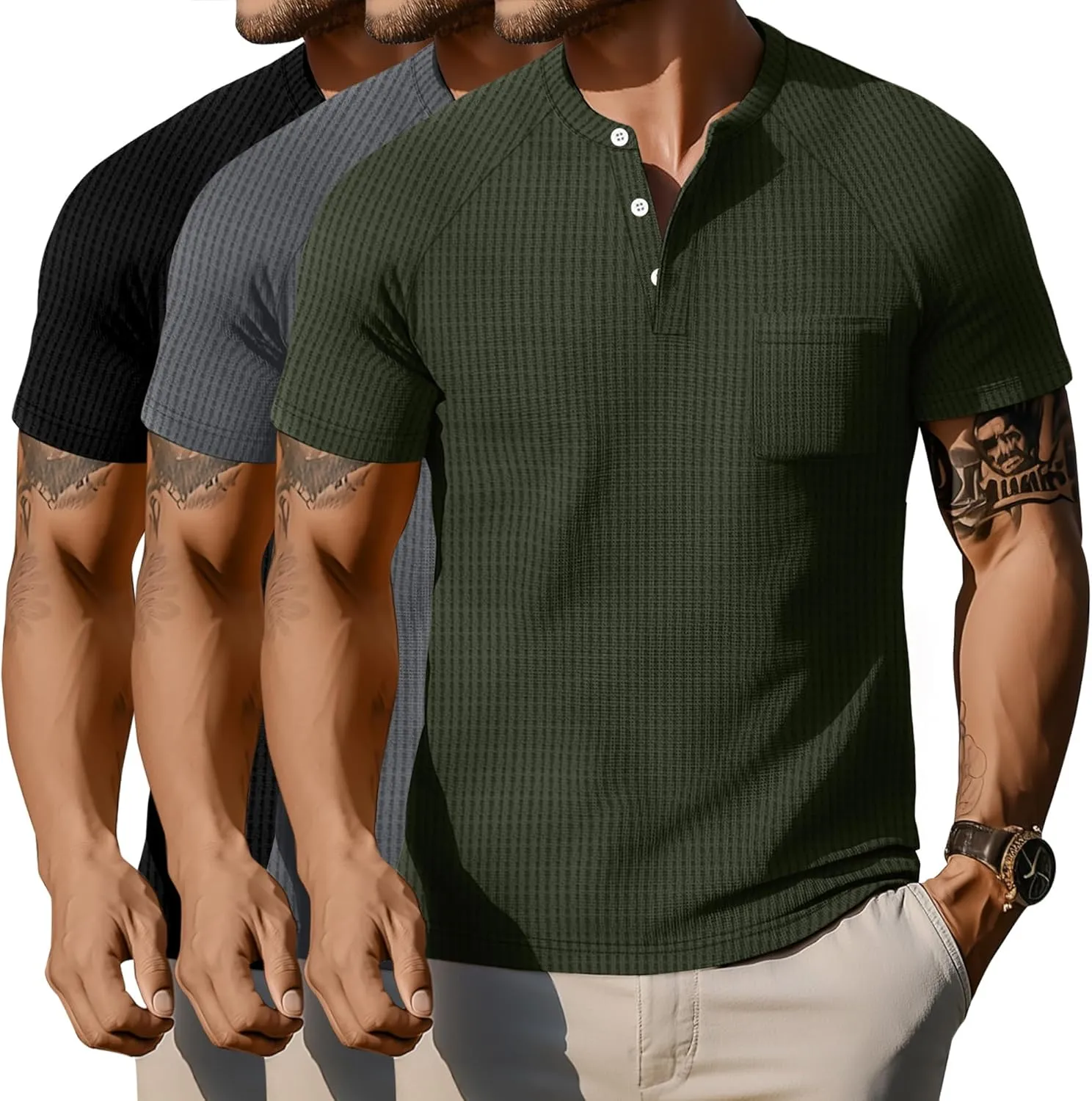 3 Pack Men's Big and Tall Waffle Henley T-Shirts, Raglan Short Sleeve Button Oversized Tops Basic Tees with Pocket
