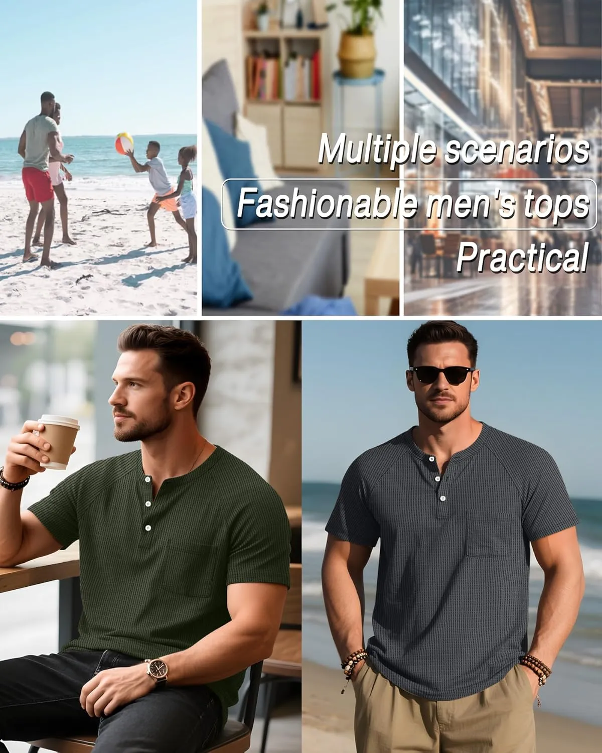 3 Pack Men's Big and Tall Waffle Henley T-Shirts, Raglan Short Sleeve Button Oversized Tops Basic Tees with Pocket