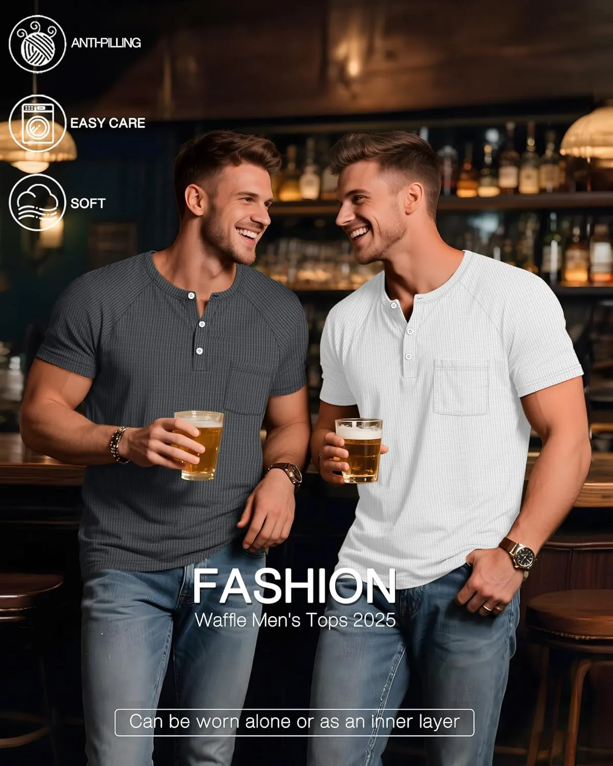 3 Pack Men's Big and Tall Waffle Henley T-Shirts, Raglan Short Sleeve Button Oversized Tops Basic Tees with Pocket