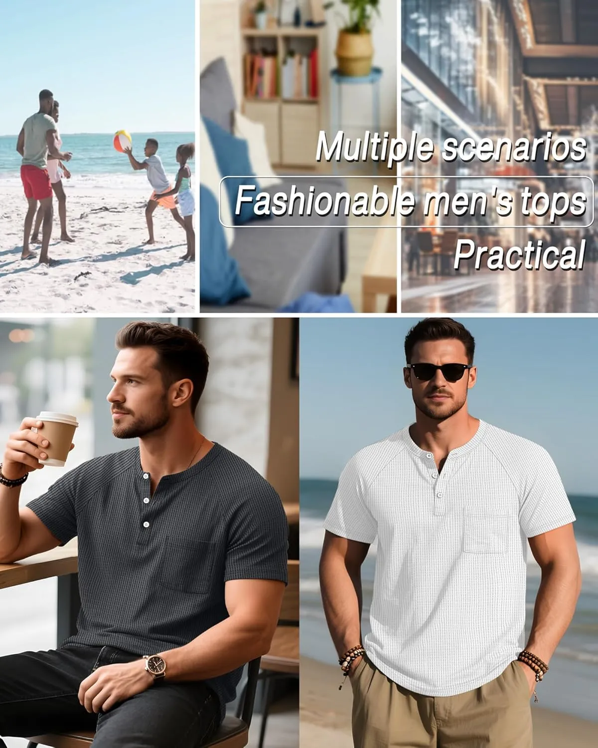 3 Pack Men's Big and Tall Waffle Henley T-Shirts, Raglan Short Sleeve Button Oversized Tops Basic Tees with Pocket