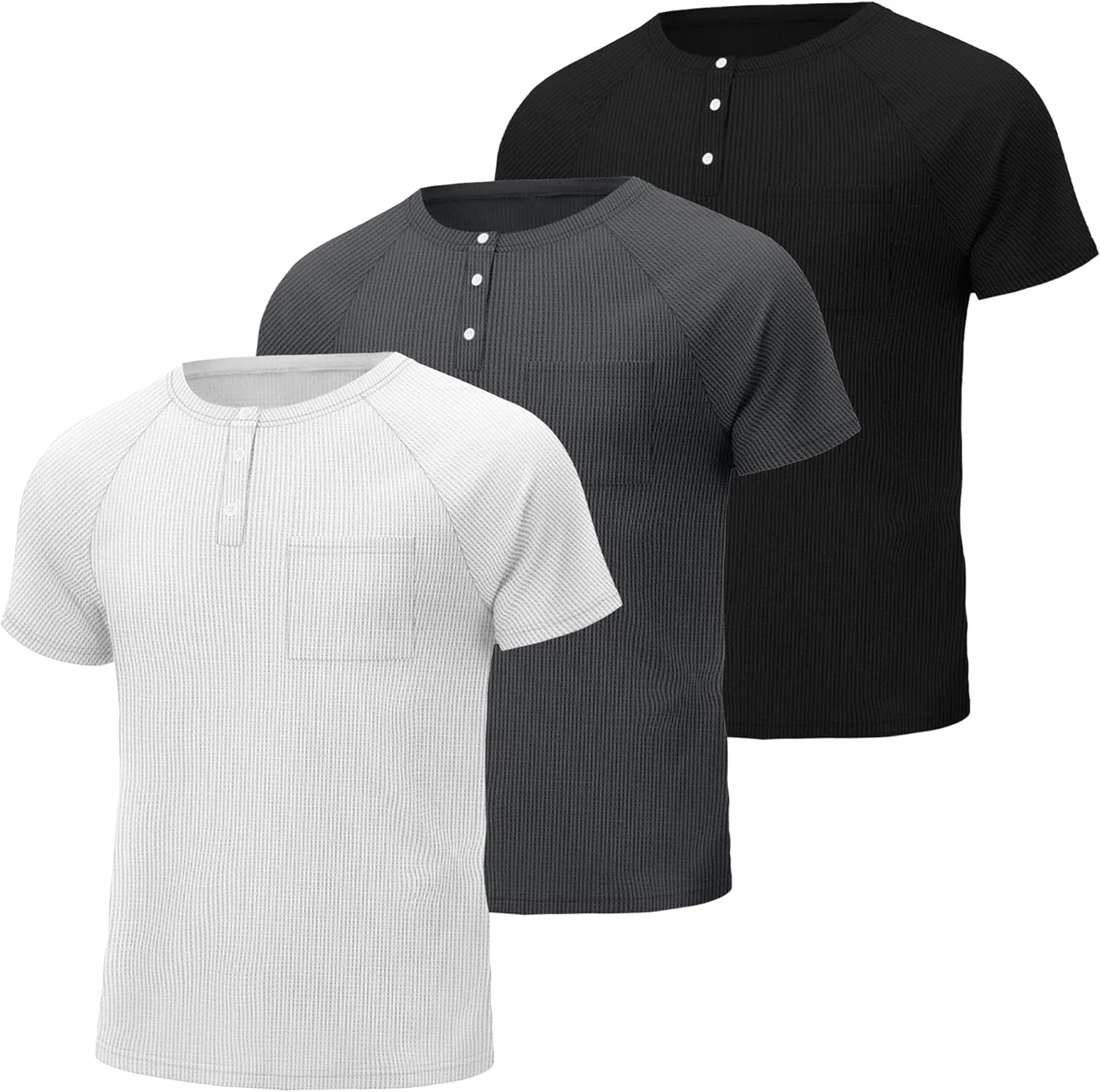 3 Pack Men's Big and Tall Waffle Henley T-Shirts, Raglan Short Sleeve Button Oversized Tops Basic Tees with Pocket