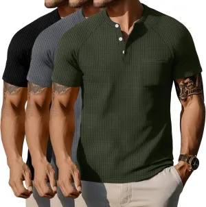 3 Pack Men's Big and Tall Waffle Henley T-Shirts, Raglan Short Sleeve Button Oversized Tops Basic Tees with Pocket