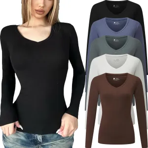 5 Pack Women's T-Shirt Long Sleeve V Neck Tops Cotton Bodycon Fall Winter Slim Fit Tunics Going Out Tees