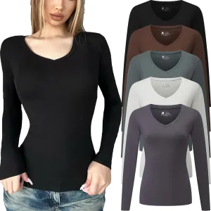 5 Pack Women's T-Shirt Long Sleeve V Neck Tops Cotton Bodycon Fall Winter Slim Fit Tunics Going Out Tees
