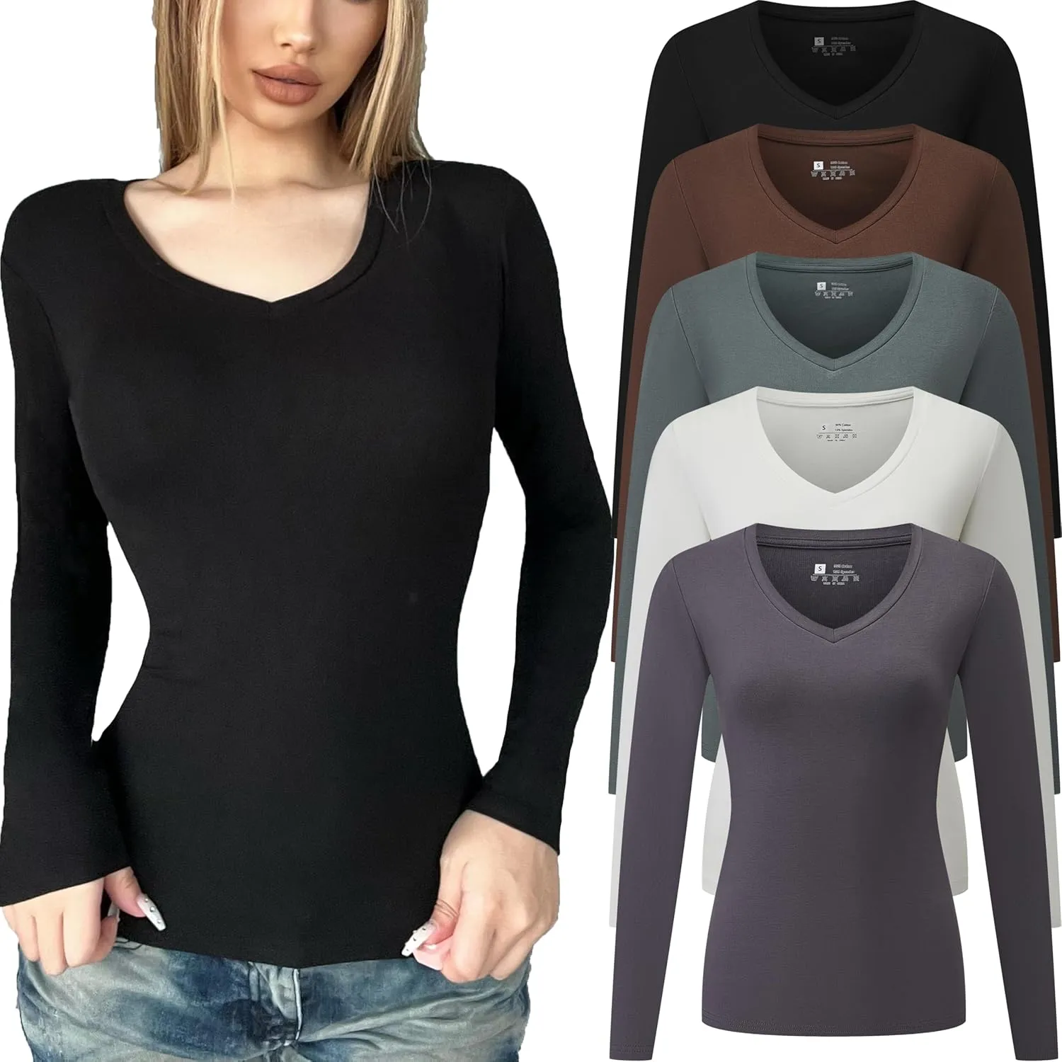 5 Pack Women's T-Shirt Long Sleeve V Neck Tops Cotton Bodycon Fall Winter Slim Fit Tunics Going Out Tees