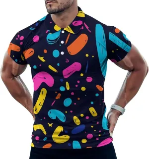 90s Colorful Lettering And Dots Mens Polo Shirts Quick Dry Short Sleeve T-shirts Slim Tennis Collared Tees Tops