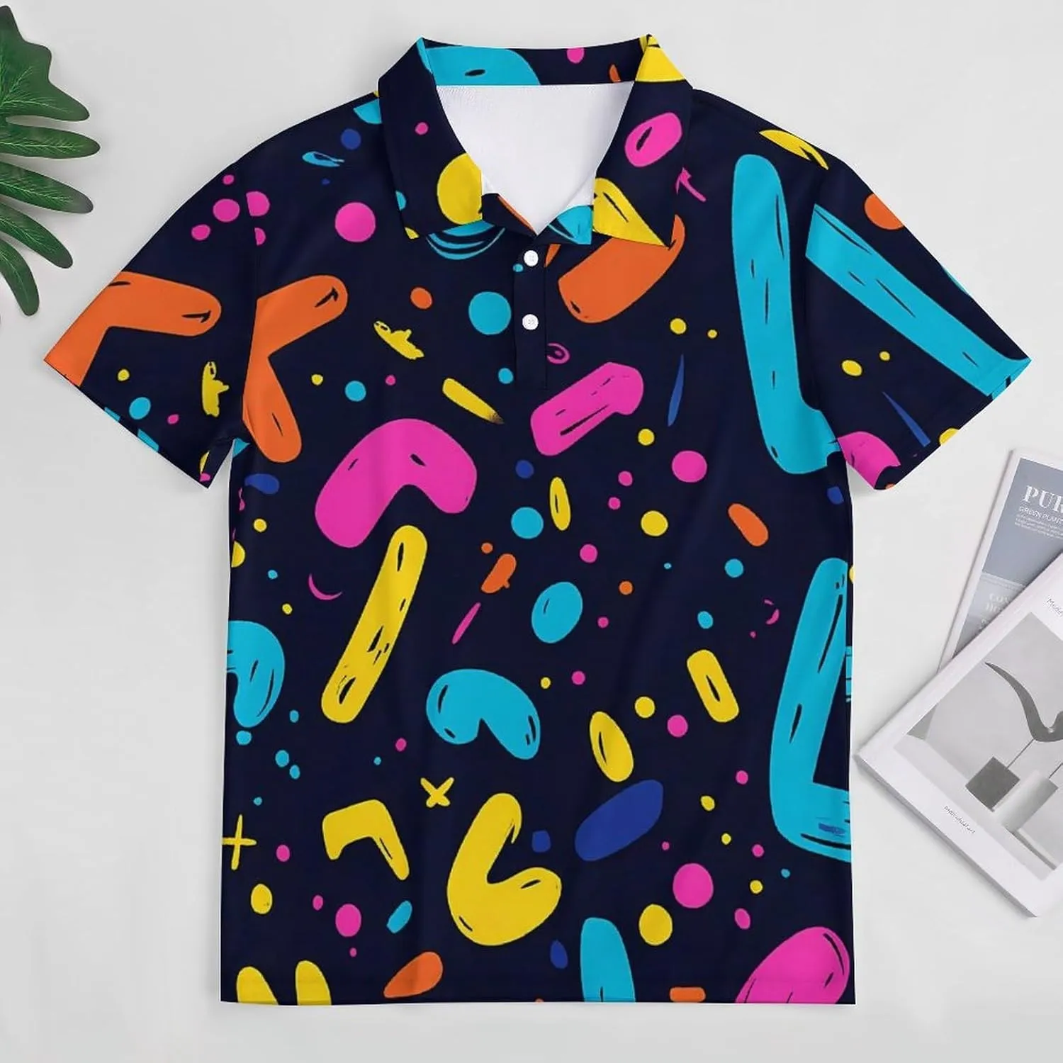 90s Colorful Lettering And Dots Mens Polo Shirts Quick Dry Short Sleeve T-shirts Slim Tennis Collared Tees Tops