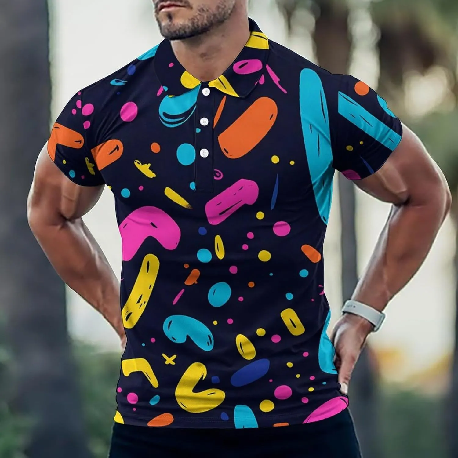90s Colorful Lettering And Dots Mens Polo Shirts Quick Dry Short Sleeve T-shirts Slim Tennis Collared Tees Tops