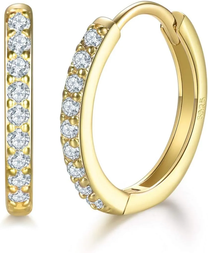925 Sterling Silver Small Hoop Earrings Cubic Zirconia Huggie Hoop Earrings, 3 Pairs 14K White Gold Plated Cartilage Piercing Earrings Ear Cuff Tiny Hoop Earrings for Women Men