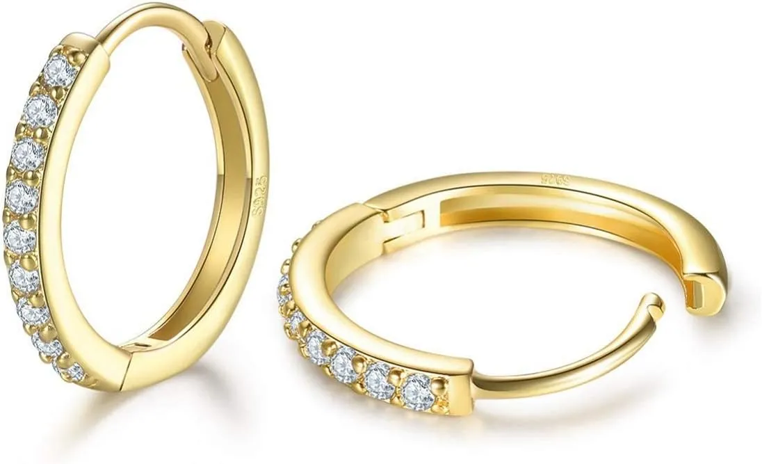 925 Sterling Silver Small Hoop Earrings Cubic Zirconia Huggie Hoop Earrings, 3 Pairs 14K White Gold Plated Cartilage Piercing Earrings Ear Cuff Tiny Hoop Earrings for Women Men