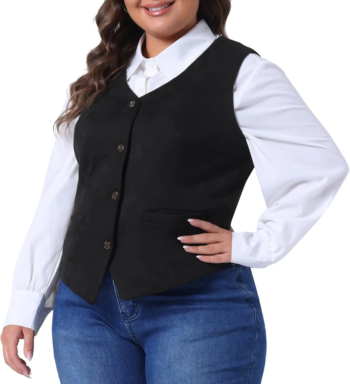 Agnes Orinda Plus Size Vests for Women Fully Lined 4 Button V-Neck Business Dressy Tuxedo Suit Vest Waistcoat