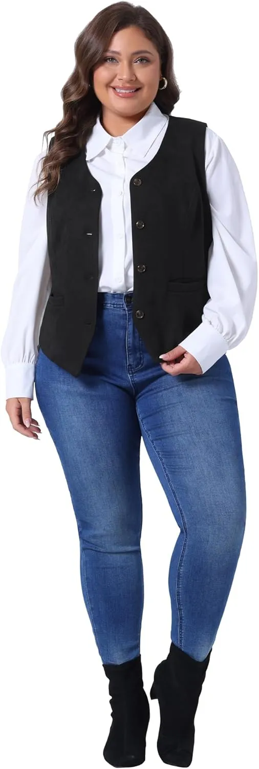 Agnes Orinda Plus Size Vests for Women Fully Lined 4 Button V-Neck Business Dressy Tuxedo Suit Vest Waistcoat