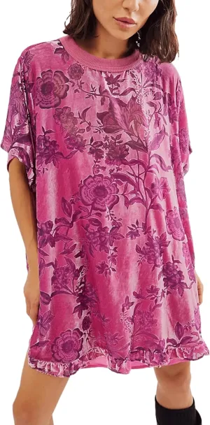 Aimiray Women's Vintage Velvet Dress Round Neck Short Sleeve Floral Printed Mini Flowy Dress