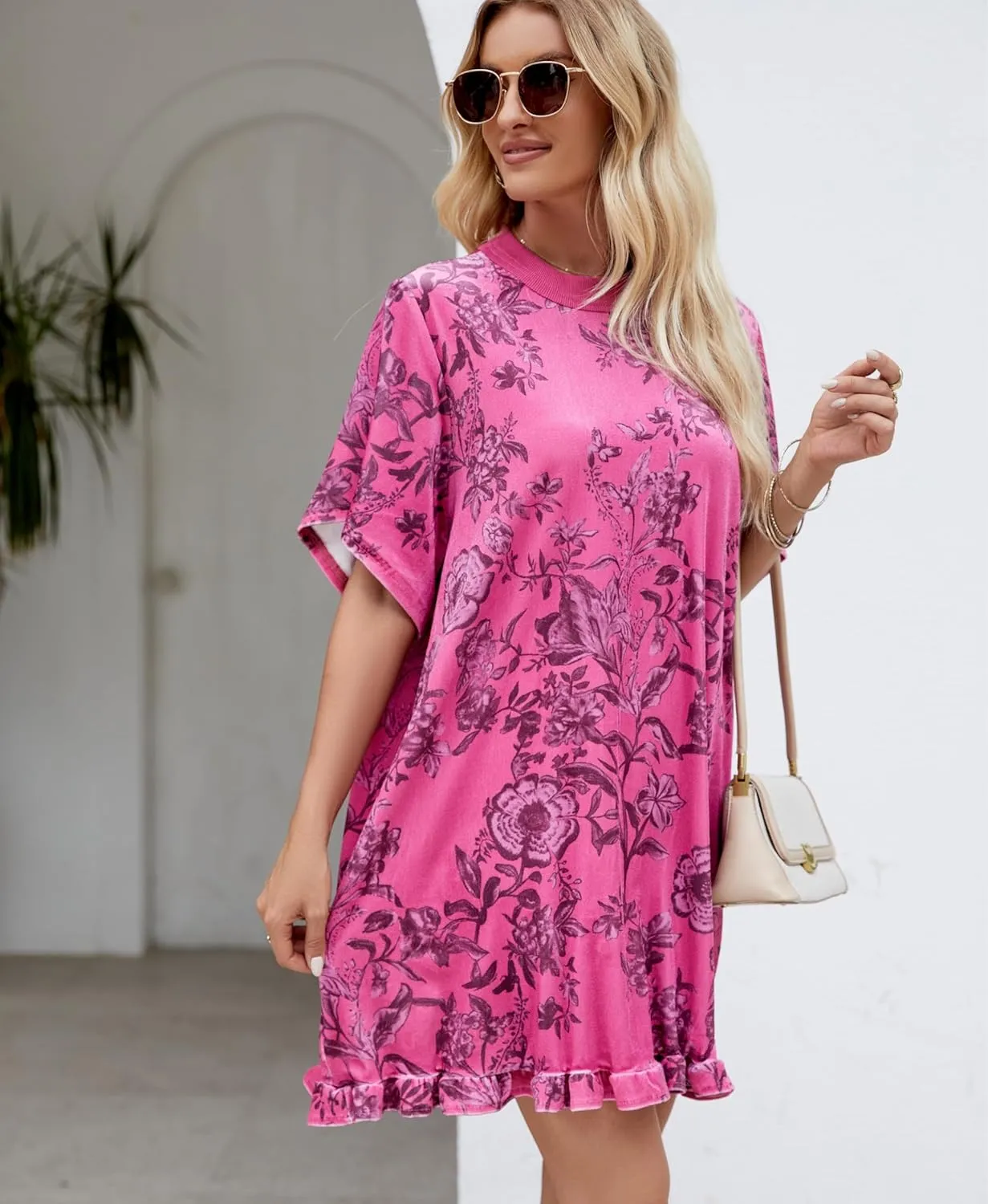 Aimiray Women's Vintage Velvet Dress Round Neck Short Sleeve Floral Printed Mini Flowy Dress