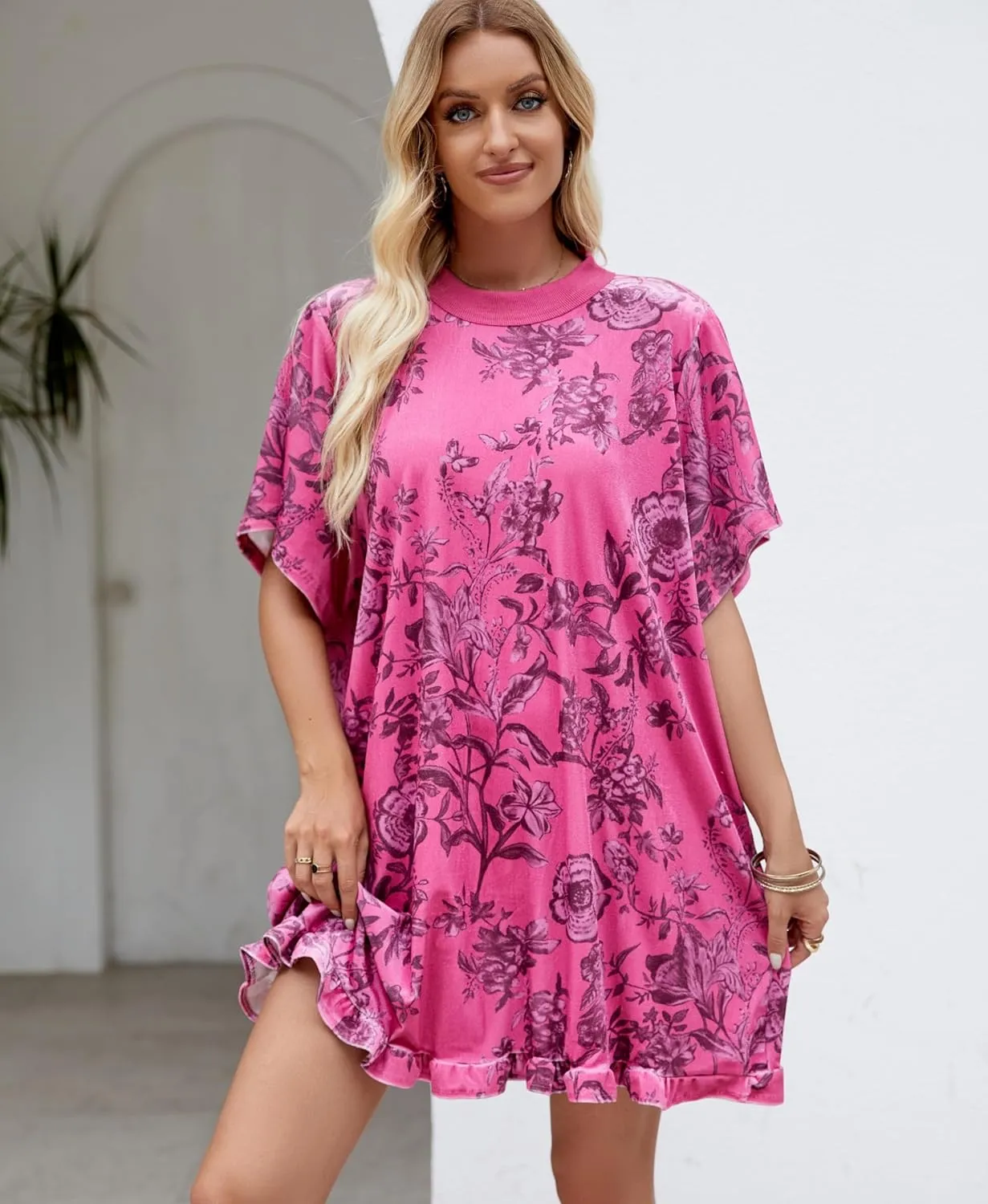 Aimiray Women's Vintage Velvet Dress Round Neck Short Sleeve Floral Printed Mini Flowy Dress