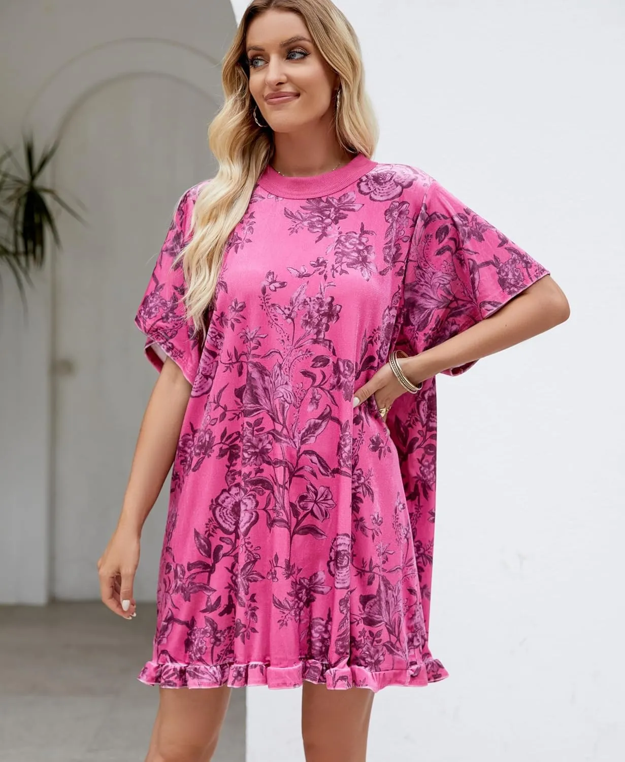 Aimiray Women's Vintage Velvet Dress Round Neck Short Sleeve Floral Printed Mini Flowy Dress