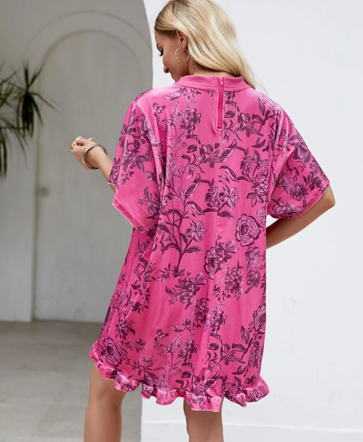 Aimiray Women's Vintage Velvet Dress Round Neck Short Sleeve Floral Printed Mini Flowy Dress