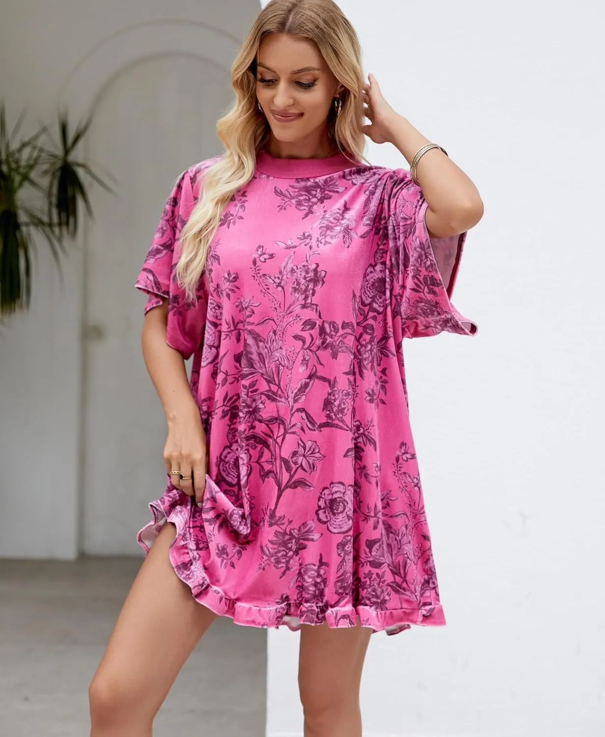 Aimiray Women's Vintage Velvet Dress Round Neck Short Sleeve Floral Printed Mini Flowy Dress