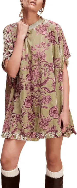 Aimiray Women's Vintage Velvet Dress Round Neck Short Sleeve Floral Printed Mini Flowy Dress