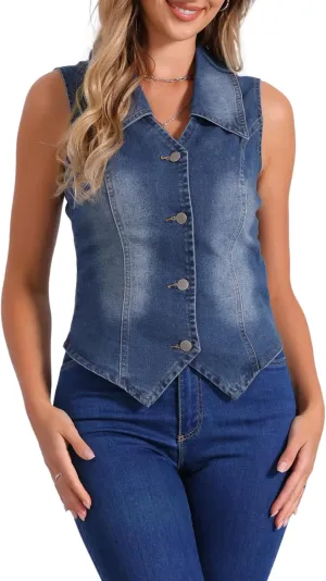 Allegra K Denim Vest for Women's Sleeveless Jean Jacket Western Tops Button Down Lapel Waistcoat Vests