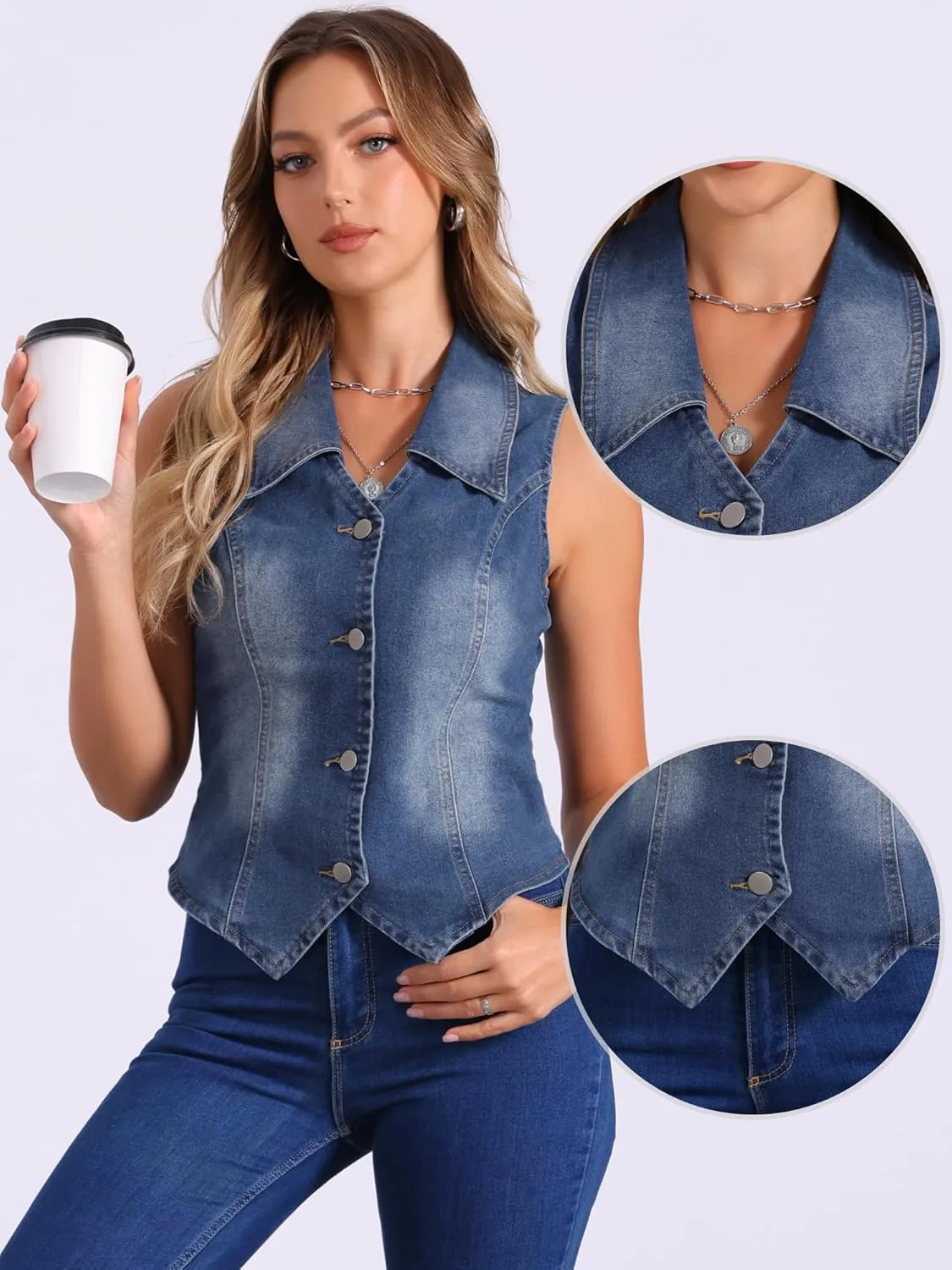 Allegra K Denim Vest for Women's Sleeveless Jean Jacket Western Tops Button Down Lapel Waistcoat Vests