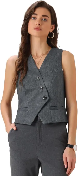 Allegra K Sleeveless Suit Vest for Women's V-Neck Button-Down Sleeveless Work Business Blazer Vests Waistcoat