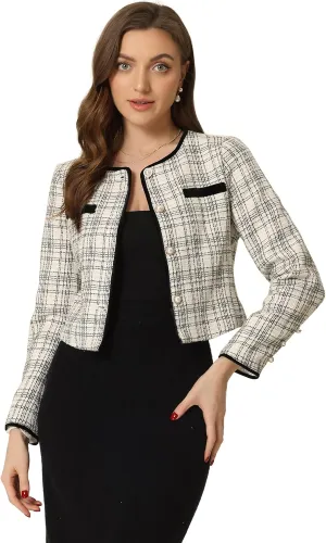 Allegra K Tweed Jacket for Women's Long Sleeve Casual Work Office Plaid Short Outwear