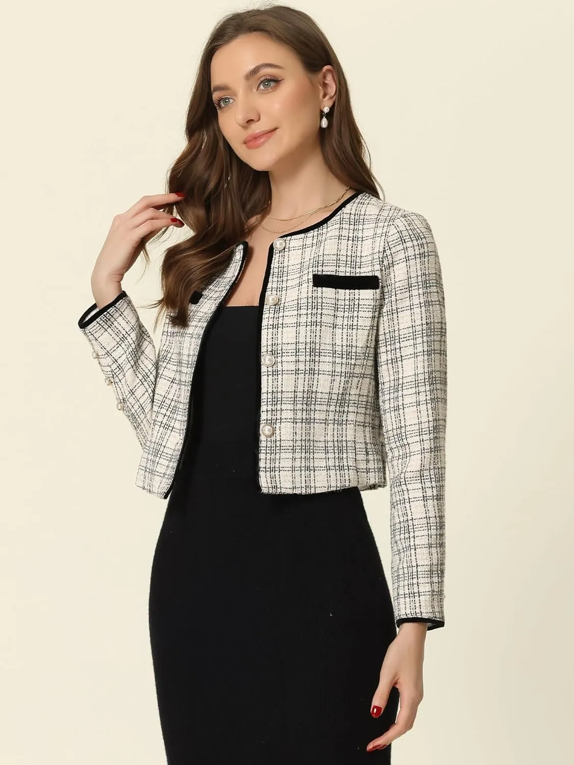 Allegra K Tweed Jacket for Women's Long Sleeve Casual Work Office Plaid Short Outwear