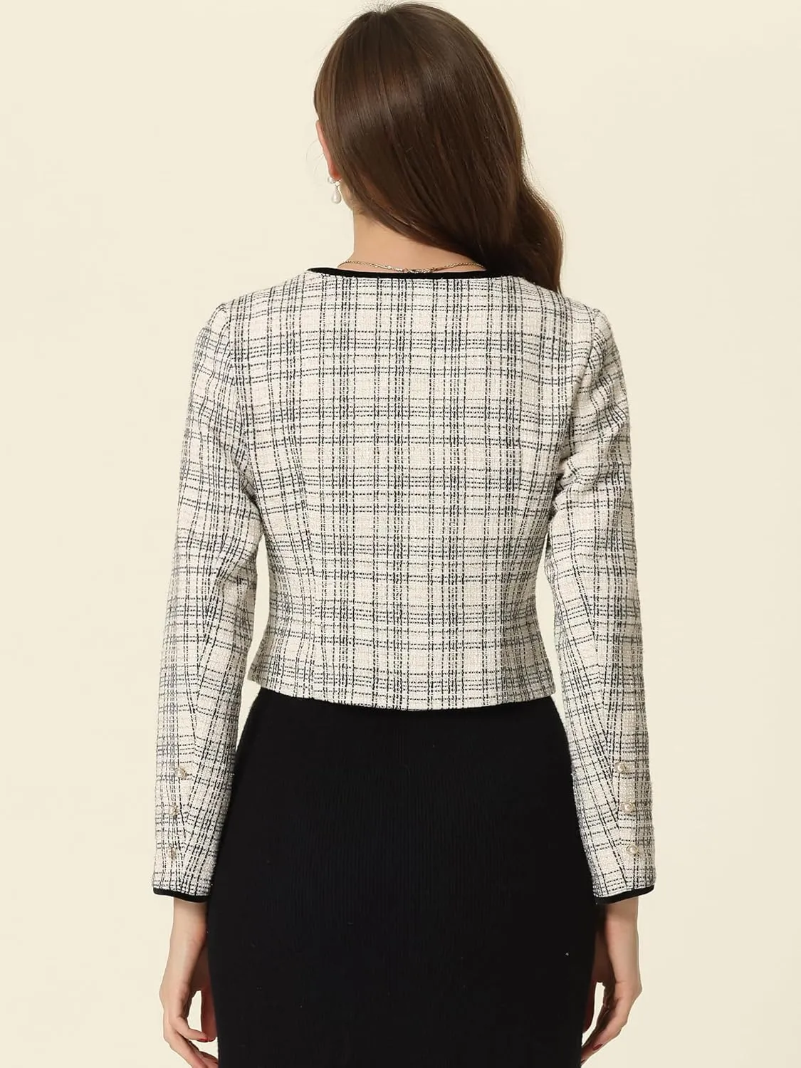 Allegra K Tweed Jacket for Women's Long Sleeve Casual Work Office Plaid Short Outwear