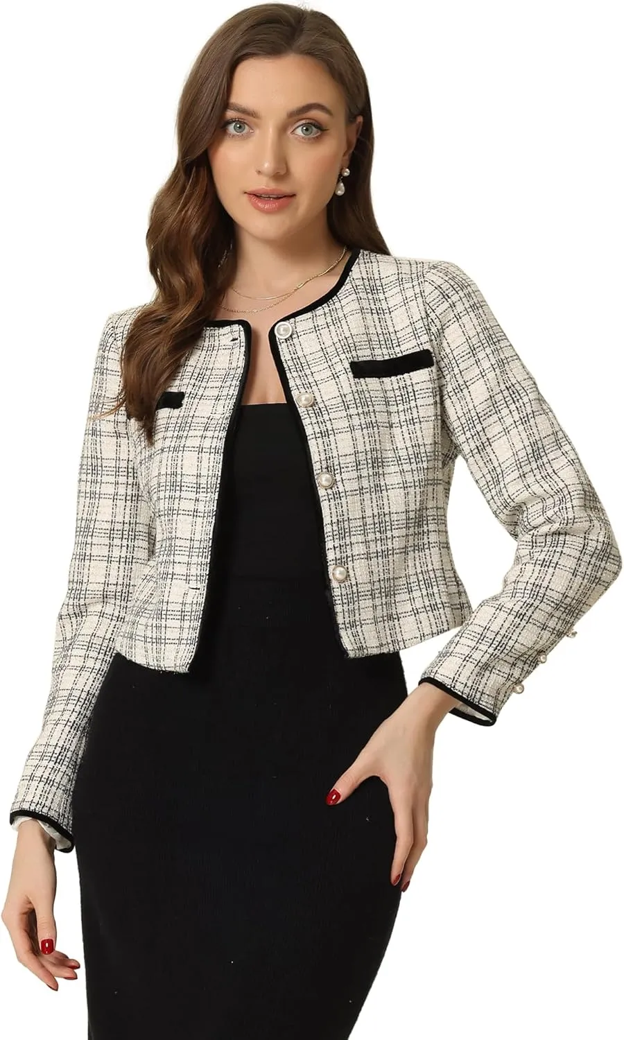 Allegra K Tweed Jacket for Women's Long Sleeve Casual Work Office Plaid Short Outwear