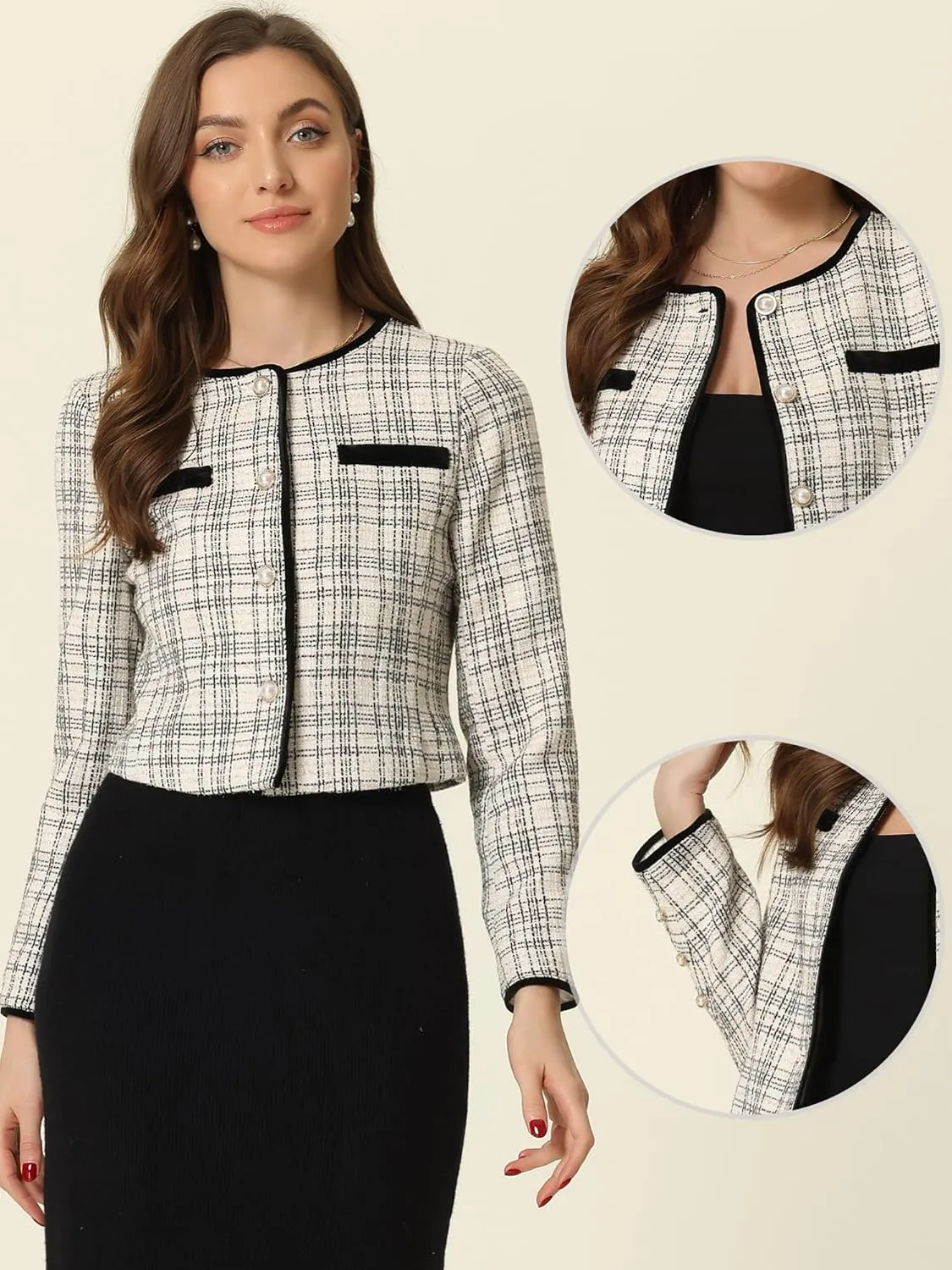 Allegra K Tweed Jacket for Women's Long Sleeve Casual Work Office Plaid Short Outwear