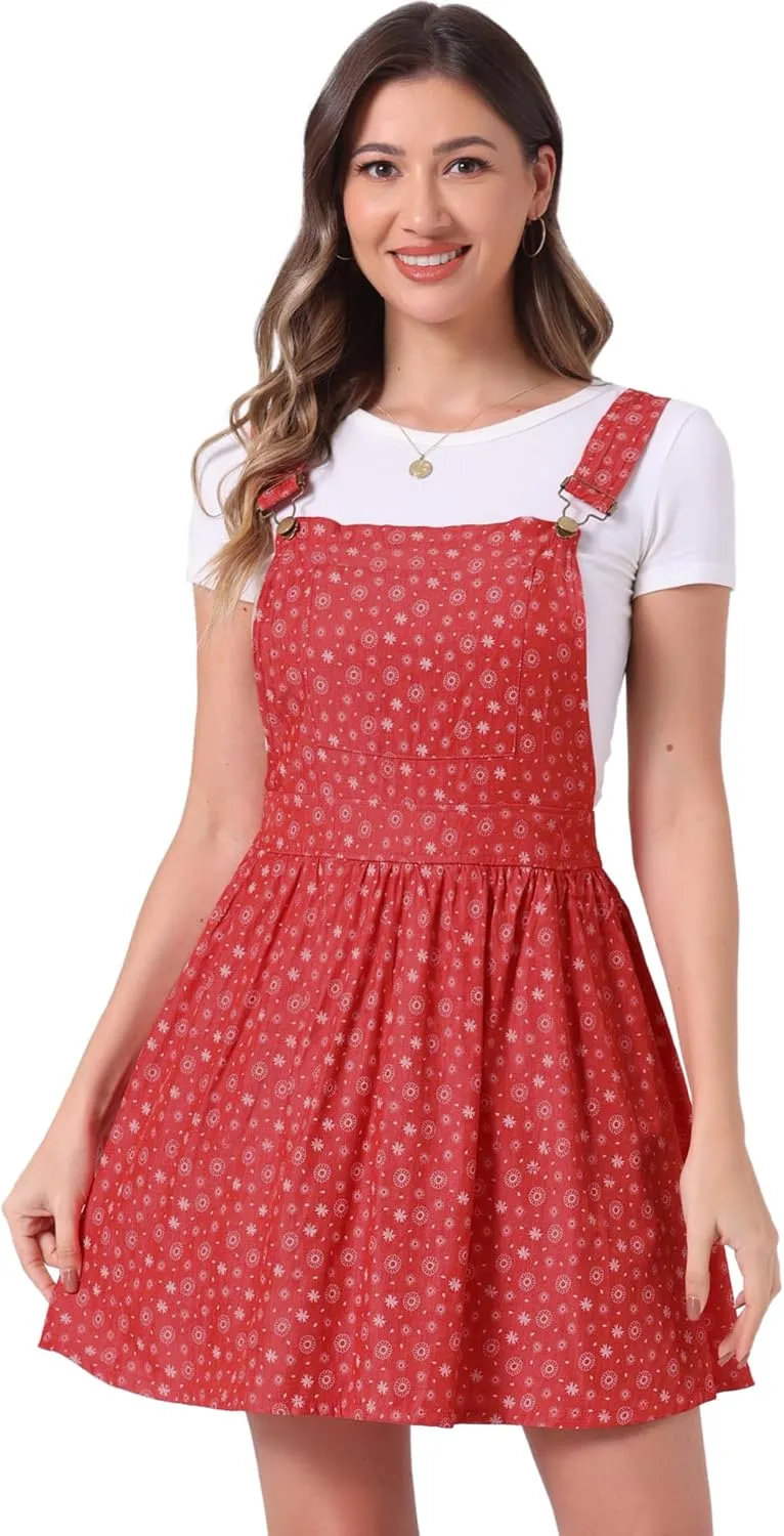 Allegra K Women's Casual Pinafore Dress Suspender Straps Pantern Chambray Mini Overall Dresses