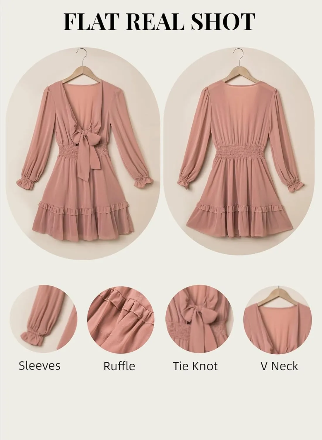 AlvaQ Womens Dresses Spring Summer Knot Front V Neck Ruffles Long Sleeve Floral Print Swing Mini Dress