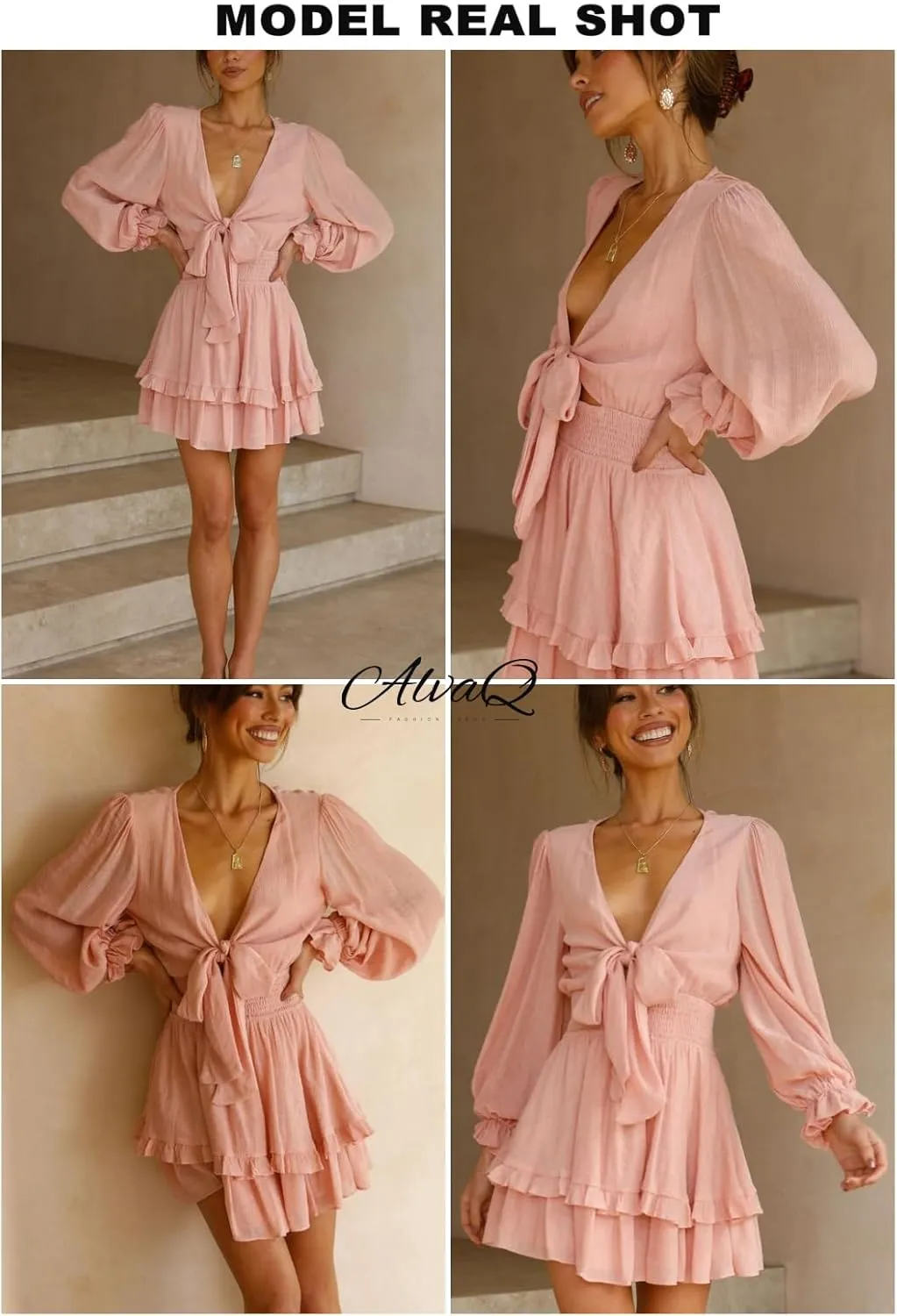 AlvaQ Womens Dresses Spring Summer Knot Front V Neck Ruffles Long Sleeve Floral Print Swing Mini Dress