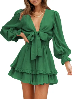 AlvaQ Womens Dresses Spring Summer Knot Front V Neck Ruffles Long Sleeve Floral Print Swing Mini Dress