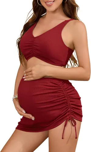 American Trends Maternity Swimsuit Two Piece Pregnancy Bikini Set with Skirt High Waist Maternity Bathing Suit for Women
