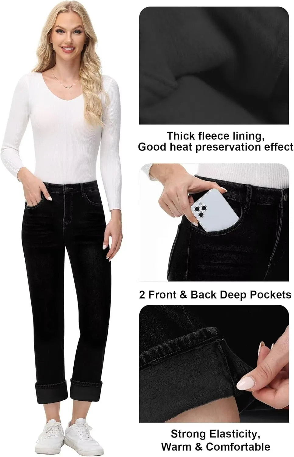 AMRSPENG Women's Fleece Lined Jeans Women Straight Leg Jeans Winter High Waisted Fleece Lined Denim Pants