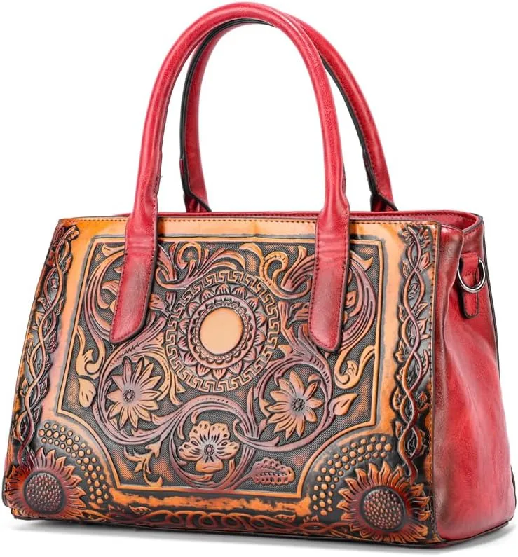 and Handbags for Medium Satchel Vintage Embossing Long Shoulder Strap Crossbody Bag Leather Shoulder Women Handle bags