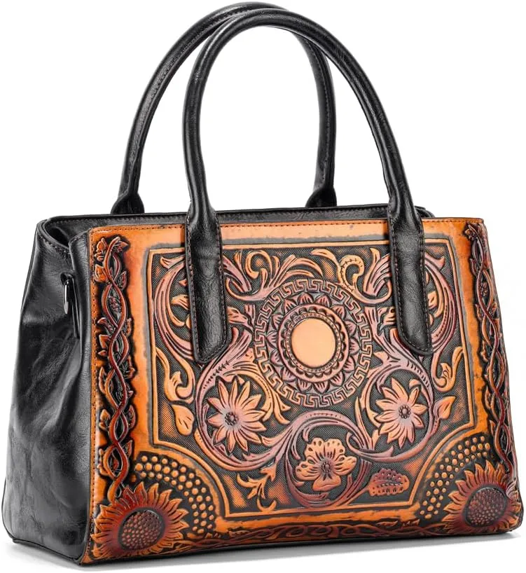 and Handbags for Medium Satchel Vintage Embossing Long Shoulder Strap Crossbody Bag Leather Shoulder Women Handle bags