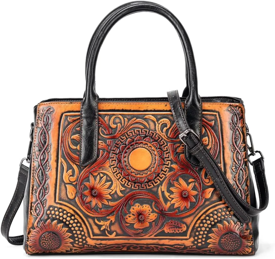 and Handbags for Medium Satchel Vintage Embossing Long Shoulder Strap Crossbody Bag Leather Shoulder Women Handle bags
