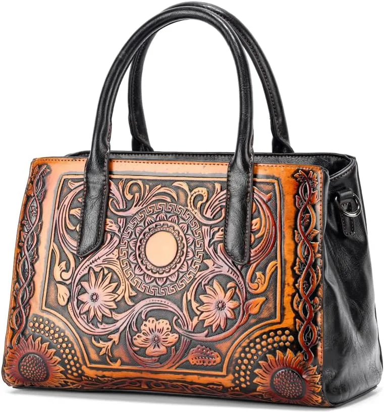 and Handbags for Medium Satchel Vintage Embossing Long Shoulder Strap Crossbody Bag Leather Shoulder Women Handle bags