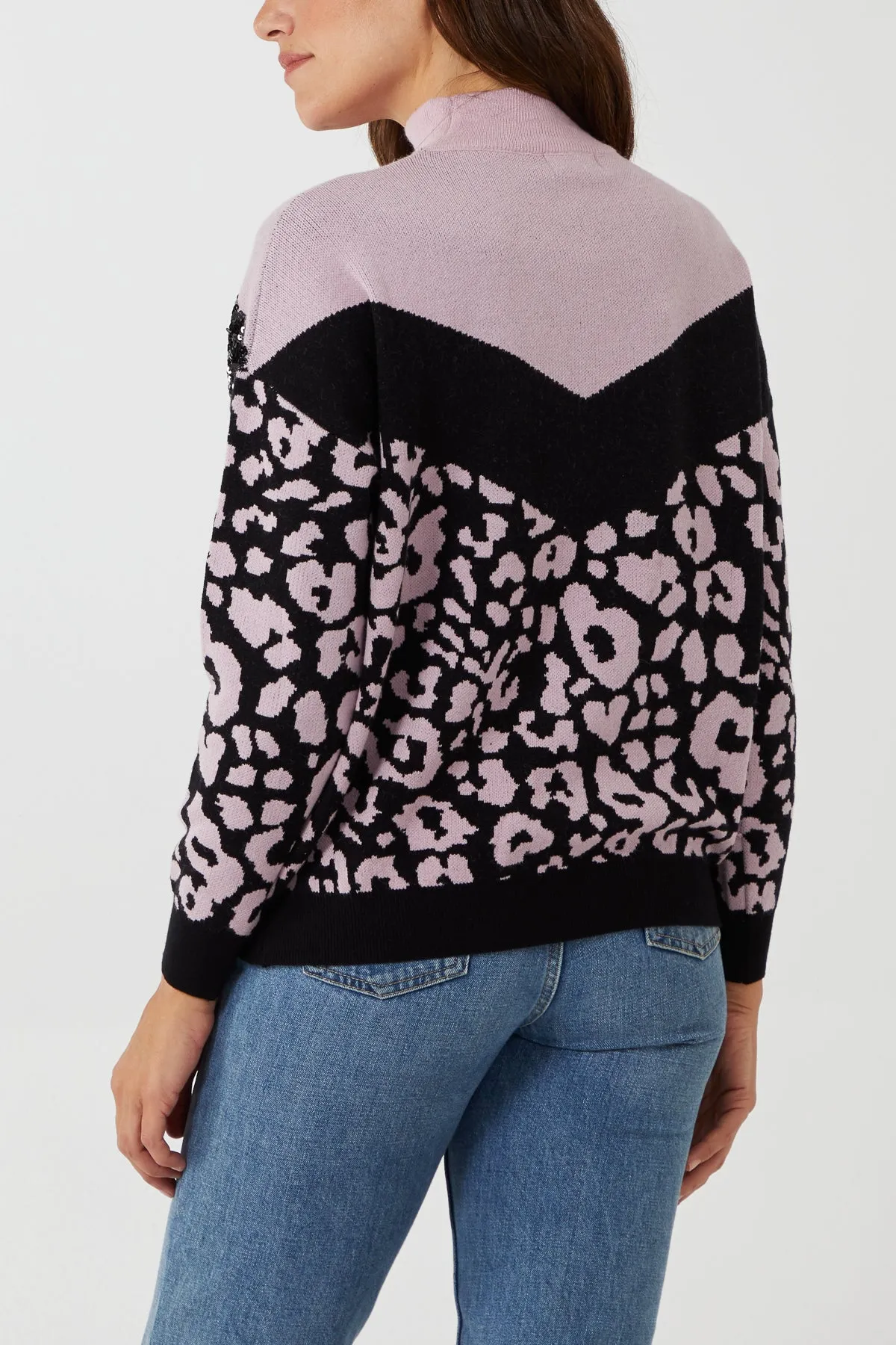 Animal Print & Sequin High Neck Jumper