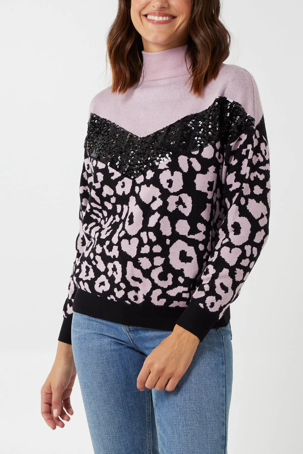 Animal Print & Sequin High Neck Jumper